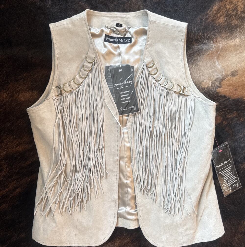 Rare NWT VTG Pamela McCoy Suede Fringe Vest Boho Western Cowgirl Beige Medium